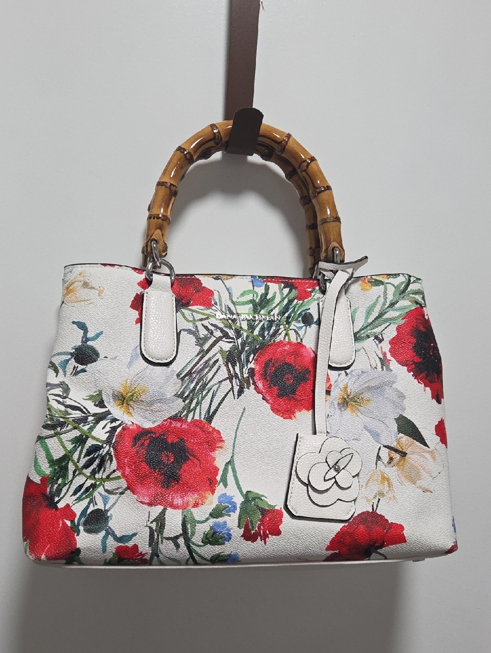 Dana Buchman White Floral Satchel with Bamboo Handles
